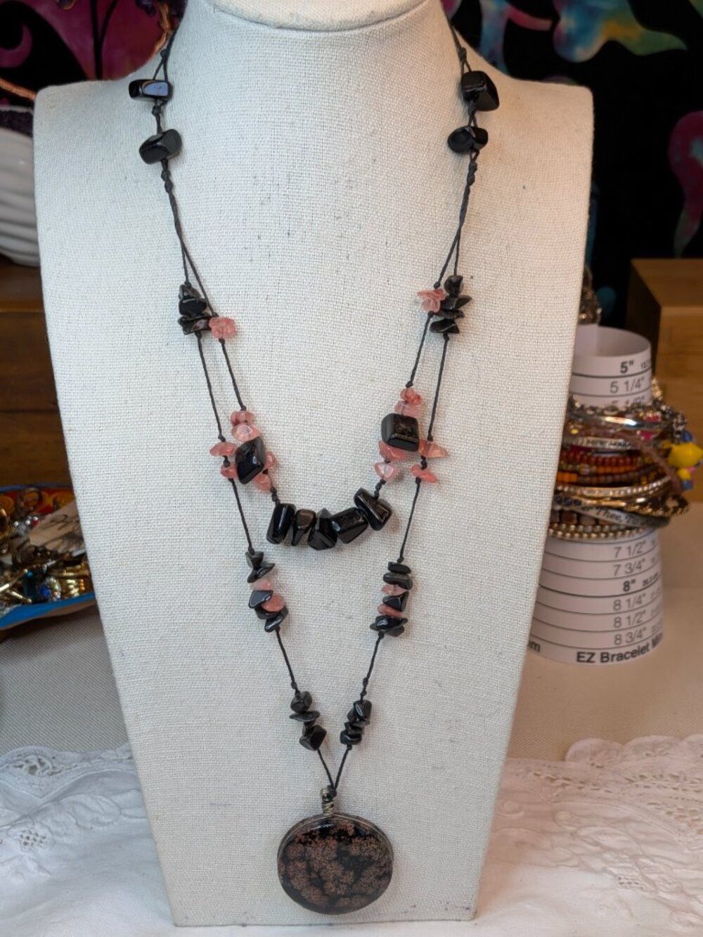 Artisan Obsidian and Rose Quartz Necklace with Dendritic Jasper Pendant